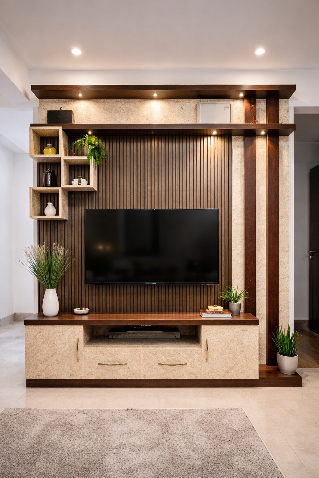 Modern living room with sleek entertainment unit