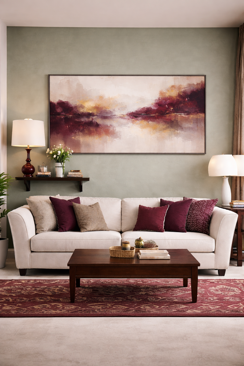 Serene living room with burgundy accents